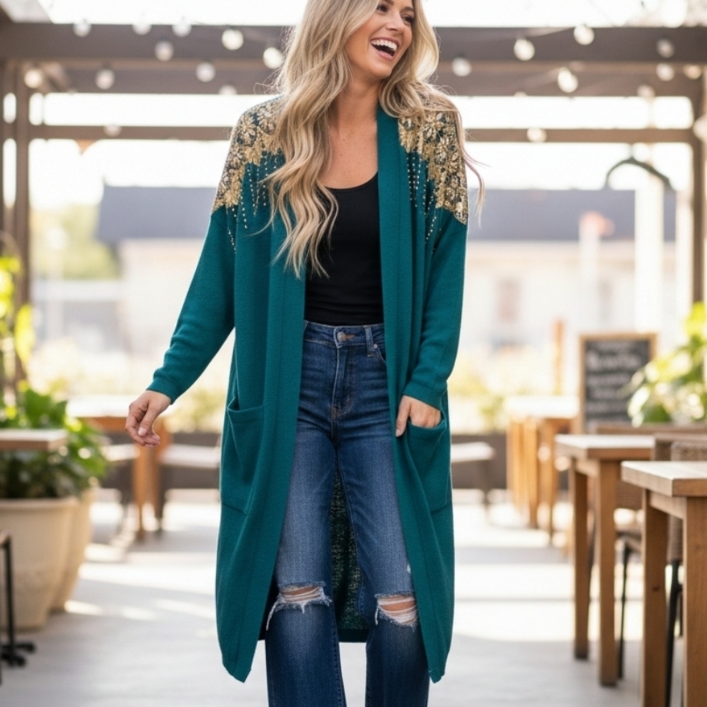 ​80s 90s Vintage Teal Green Gold Embellished Duster Cardigan Statement Sweater